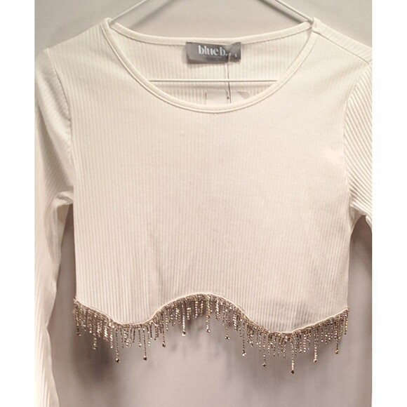 Bluebusa Womens WHITE Long Sleeve Crop Top W/ Rhinestone  Sz Small NWT Festival - Picture 2 of 6